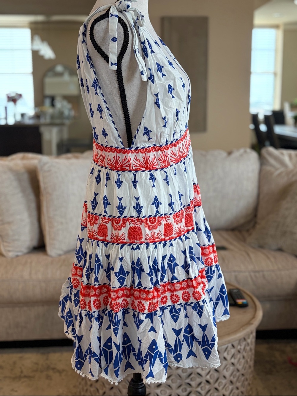 FARM Rio White Mini Dress with Blue Geometric Print and Red Trim - Picture 4 of 7